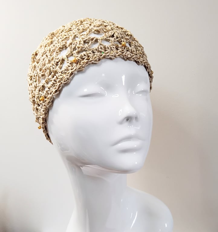 Crochet Gold Glitter Skull Cap with Sequins and Beads