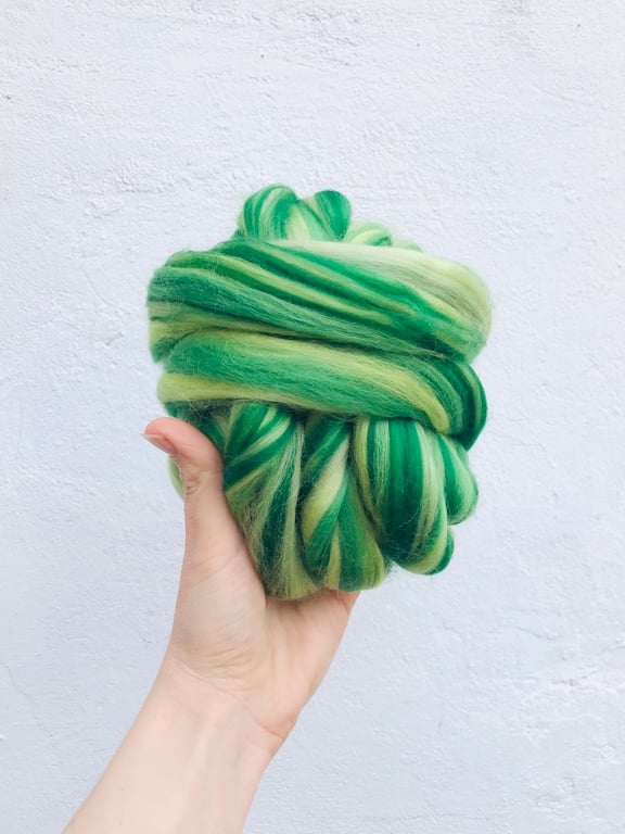 Felting wool, green stripy 50grams for wet and needle Felting 
