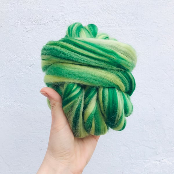 Felting wool, green stripy 50grams for wet and needle Felting 