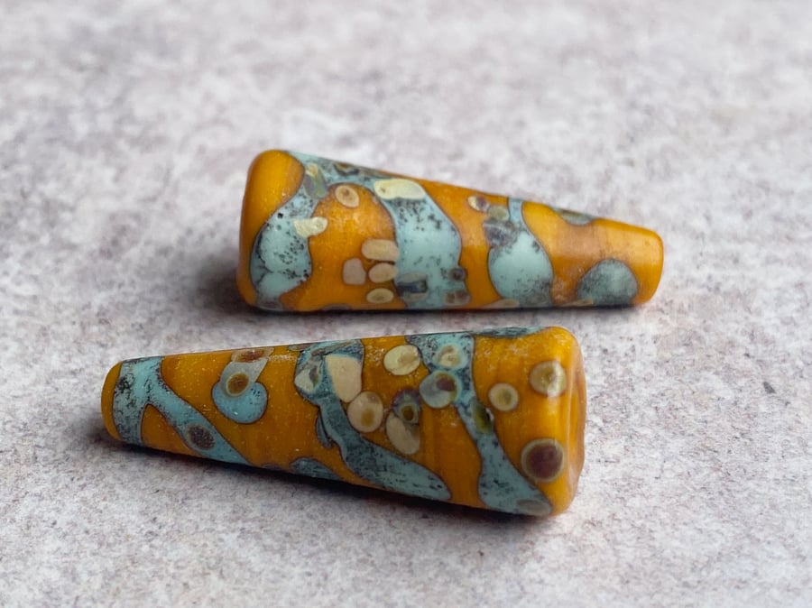 Ochre & Copper Green Lampwork Bead Pair