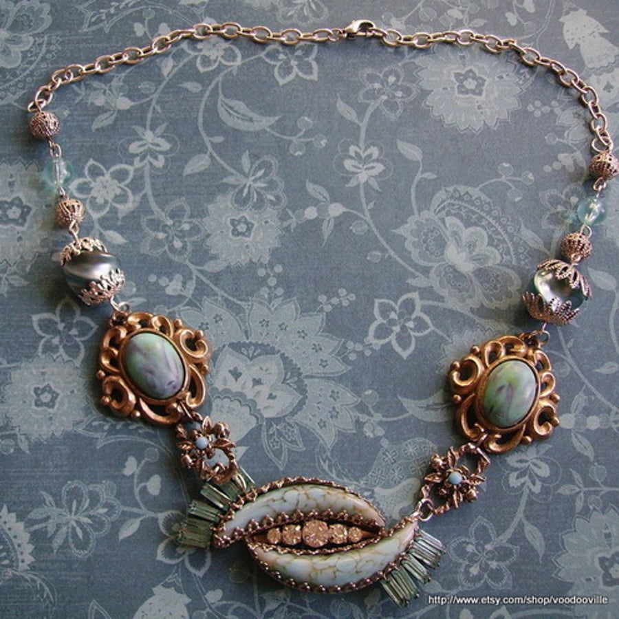 Pale turquoise upcycled art deco brooch necklace