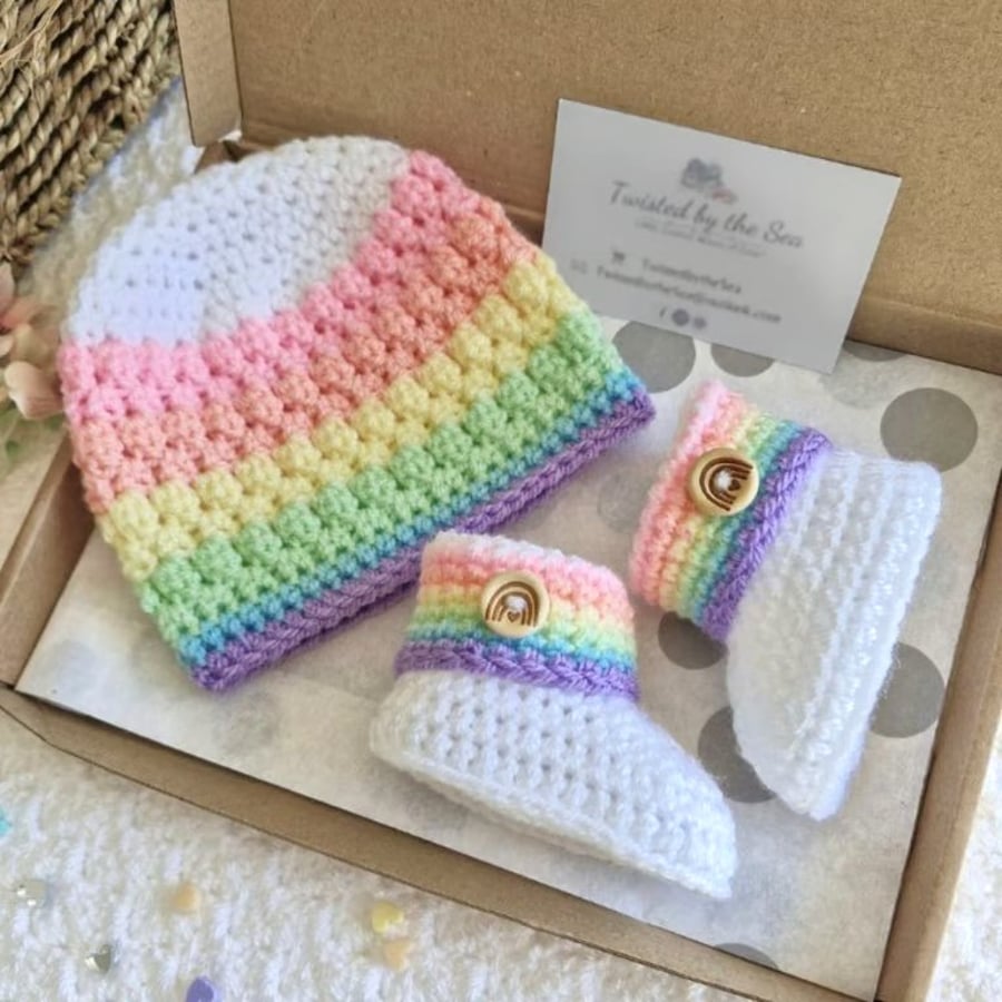 Handmade Rainbow Baby Hat and Booties Set - Crochet Baby Gift