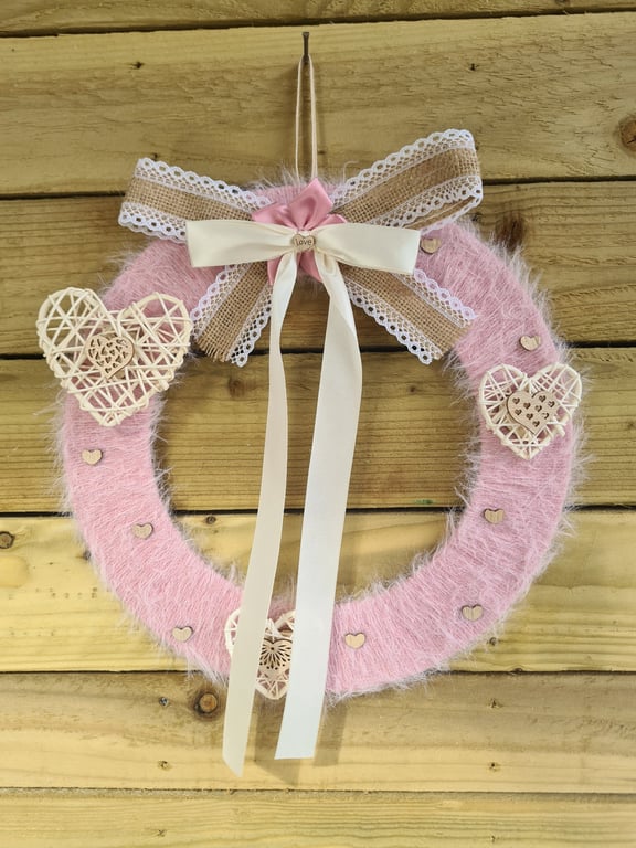 Rose Pink Cashmere Wrapped Wreath With Wooden Heart Decor