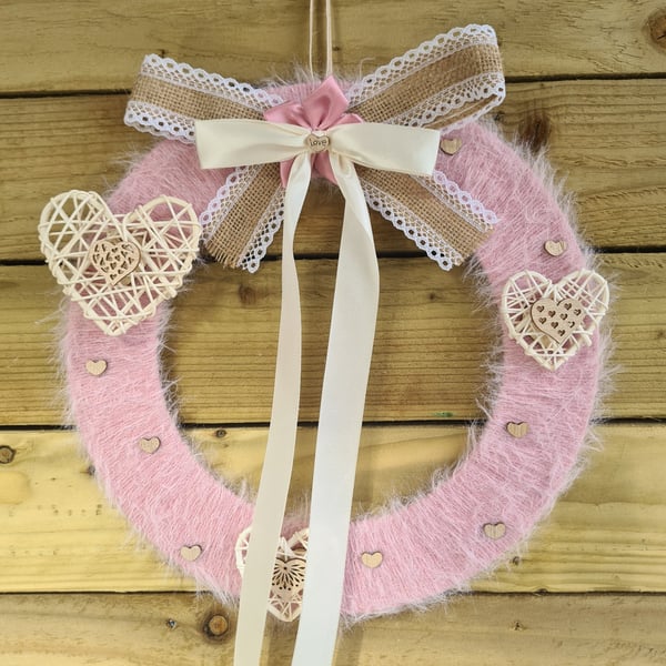 Rose Pink Cashmere Wrapped Wreath With Wooden Heart Decor