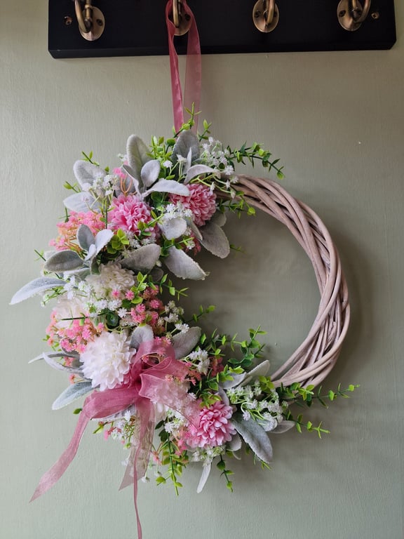 Handmade Pink & White Dahlia Wreath, Natural Wicker Base, Lambs Ear and foliage.
