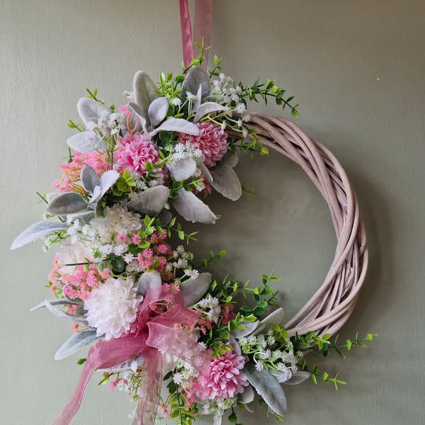 Handmade Pink & White Dahlia Wreath, Natural Wicker Base, Lambs Ear and foliage.