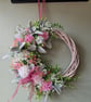 Handmade Pink & White Dahlia Wreath, Natural Wicker Base, Lambs Ear and foliage.