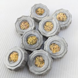 Mustard Yellow Cog Textile and Concrete Mixed Media 50mm Round Brooches