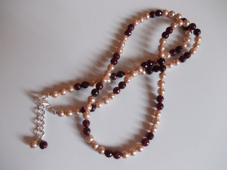 Garnet and shell pearl long length necklace (free earrings)