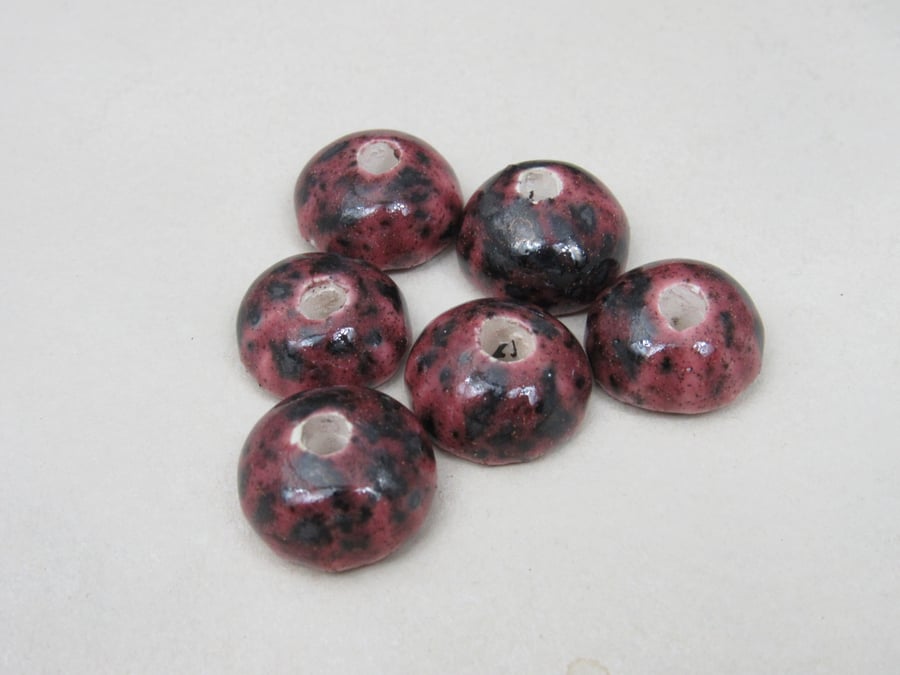 6 Small Gloss Dark Speckled Rose Half-round Ceramic Flower Beads