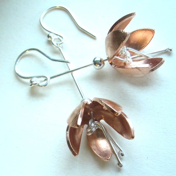 Copper & Silver Flower Drop earrings made by artist maker Fushia Design. Fuchsia