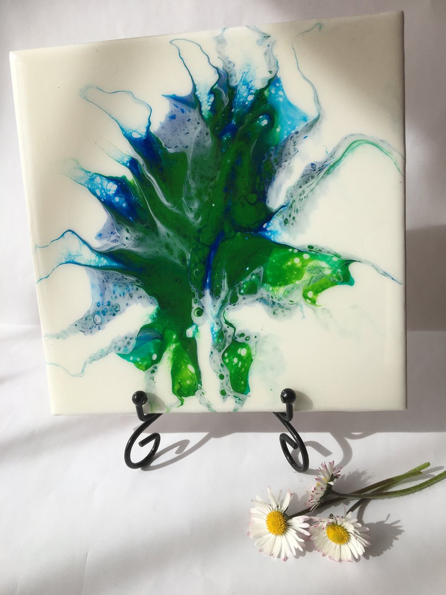 Fluid art ,6”x6”ceramic tile, trivet, decoration, green abstract flower 
