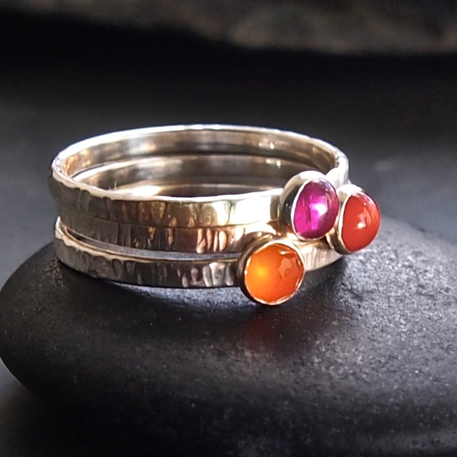 Glow Trio of Silver Stacking Rings with Carnelian and Ruby