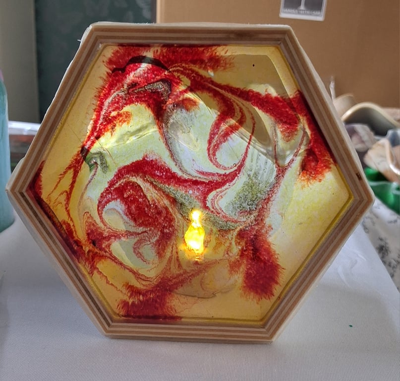 Handmade epoxy resin and wood lightbox. Red and yellow 
