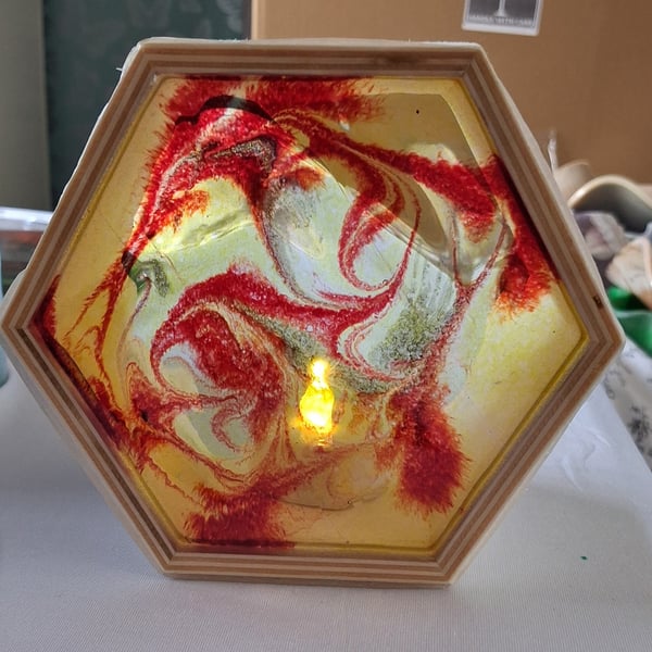 Handmade epoxy resin and wood lightbox. Red and yellow 