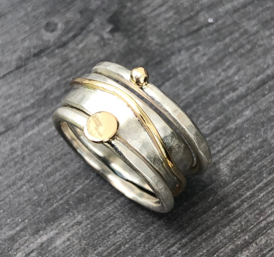 Gold Wave Stack Ring, silver stack ring, silver and gold stack ring, wave ring, 