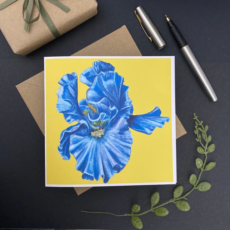 Blue Iris card. Handmade blank floral card from my painting. Modern art.