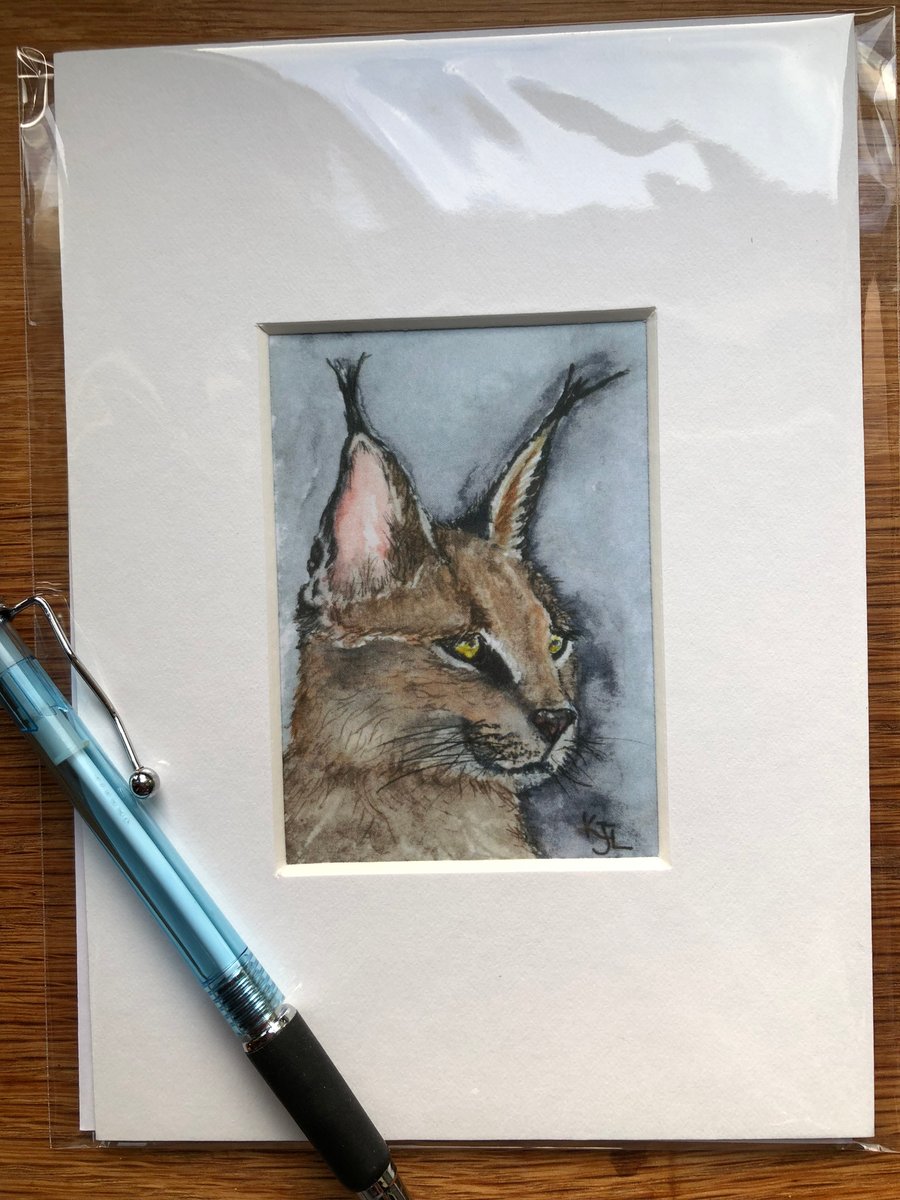 'Leonard Lynx' Mounted print of miniature watercolour - FREE UK POST