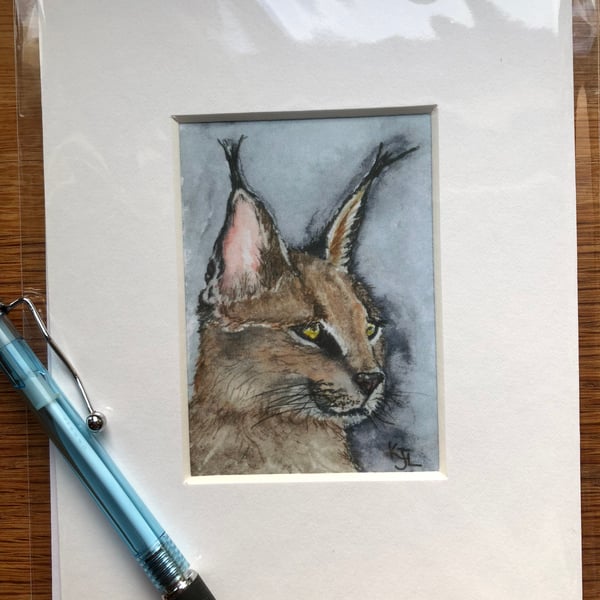 'Leonard Lynx' Mounted print of miniature watercolour - FREE UK POST