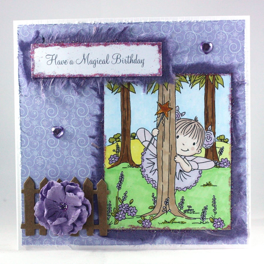 Handmade child's birthday card - purple fairy