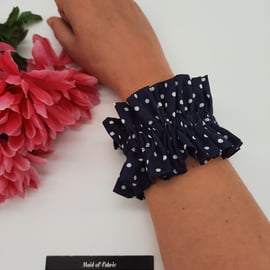 Ruffled hair scrunchie,  navy blue polkadot,  3 for 2 offer. 