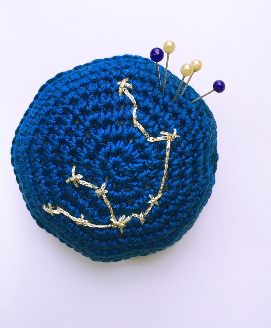 Aquarius Pincushion, crochet pincushion, pin tidy, constellation pincushion
