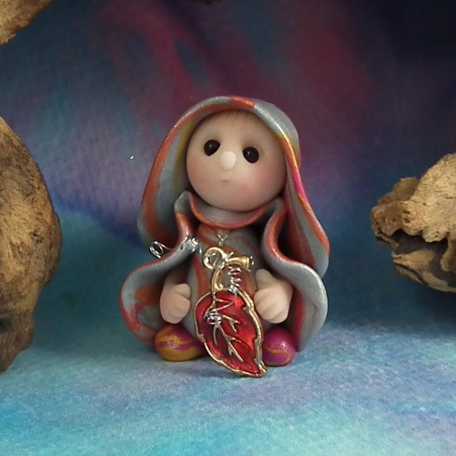Tiny Garden Gnome 'Margie' with leaf 1.5" OOAK Sculpt by Ann Galvin