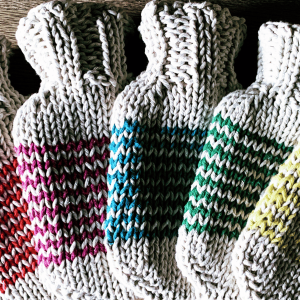 Mini Hot Water Bottle - knitted string cover with hand dyed colour stripes