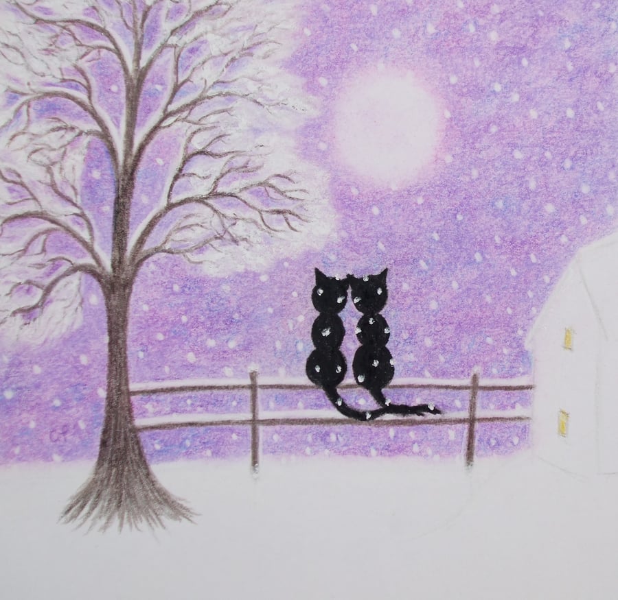 Romantic Christmas Card, Cats Tree moon Snow Card, Love Cat Card, Christmas Art