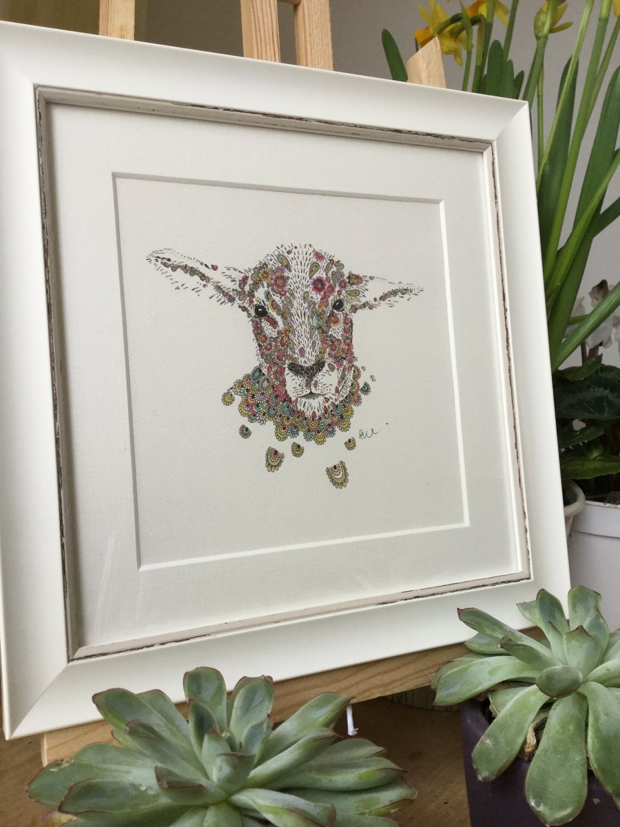 Floral sheep framed print 9.5 x 9.5”