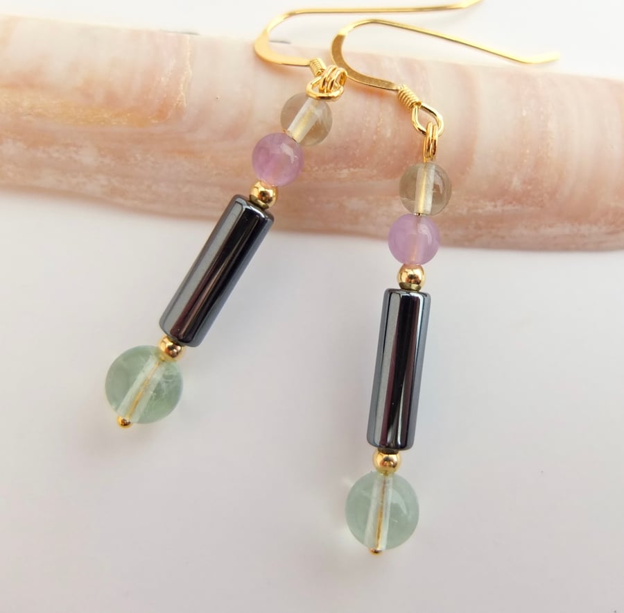 Rainbow Fluorite And Hematite Earrings - Handmade In Devon.