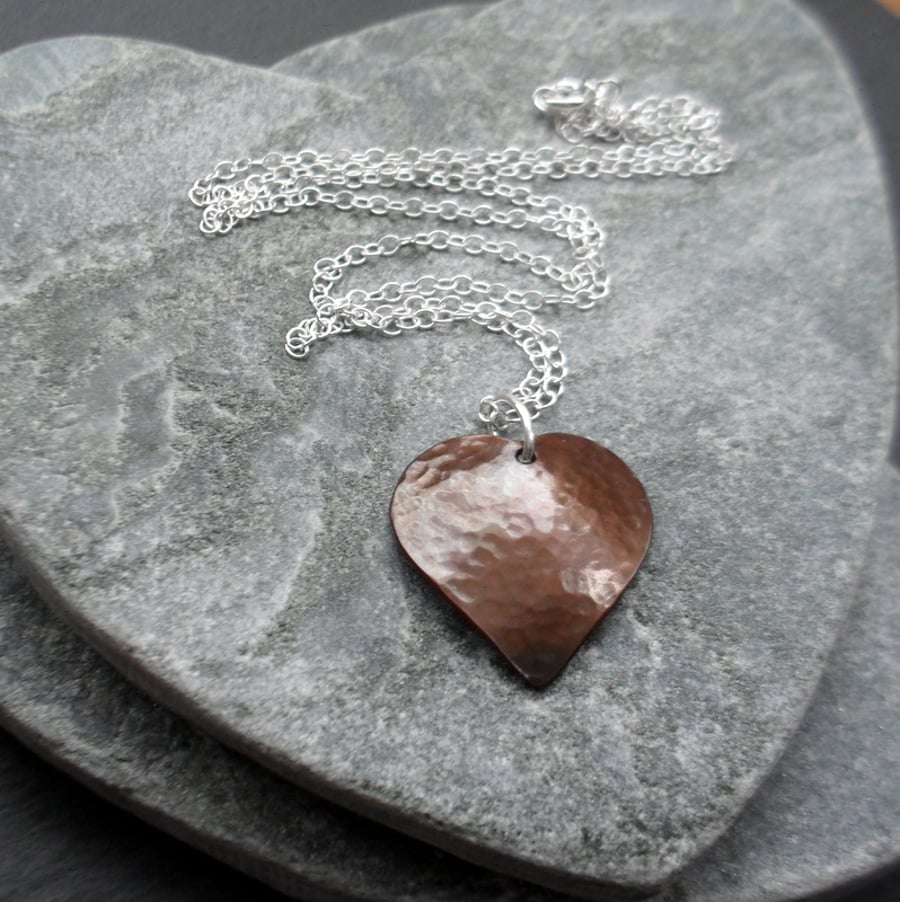 Domed Copper Heart Pendant With Sterling Silver Chain Vintage 