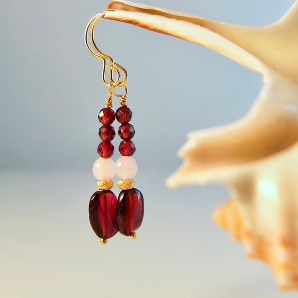 Garnet Earrings With Rose Quartz - January Birthstone - Handmade In Devon