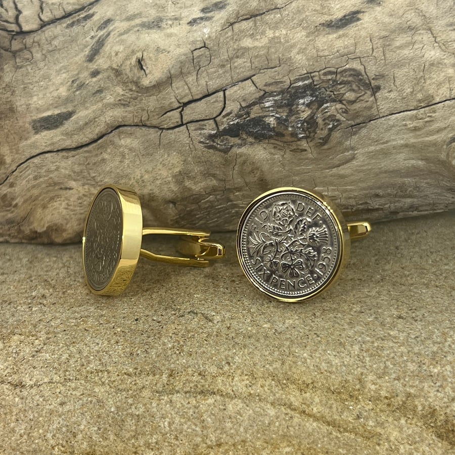 Sixpence gold plated Cufflinks, Coin Cufflinks Mens 50th 60th 70th Birthday