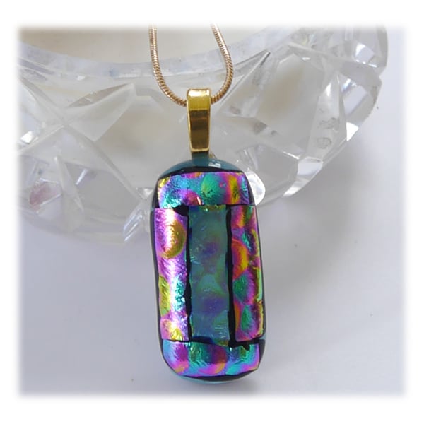 Cranberry Dichroic Glass Pendant 161 Aqua Bubbles with gold plated chain