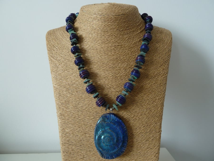 ceramic ammonite necklace, lampwork glass beads 