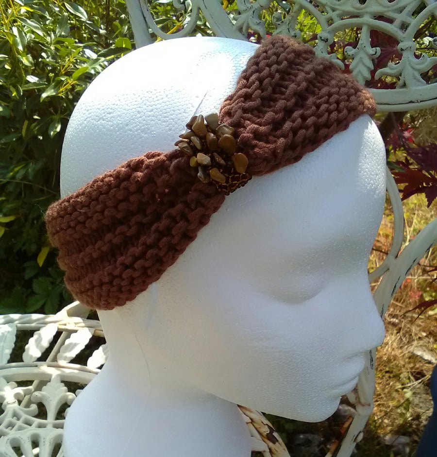 SKINNY BLINGY HAIRBAND HandKnit BAMBOO CHOCOLATE BROWN Medium