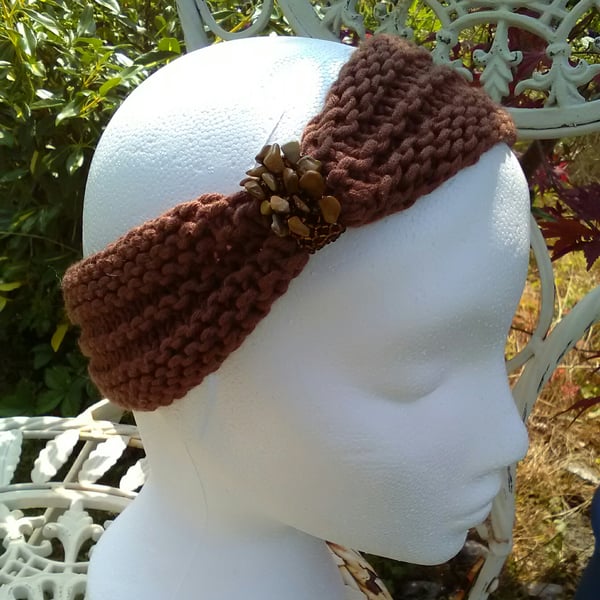 SKINNY BLINGY HAIRBAND HandKnit BAMBOO CHOCOLATE BROWN Medium