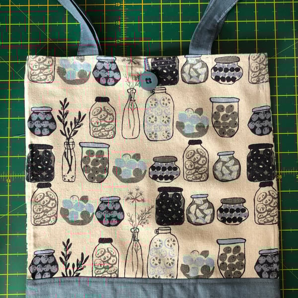 Extra Strong large Blue Tote Bag with Fruit Preserves in Jars Design