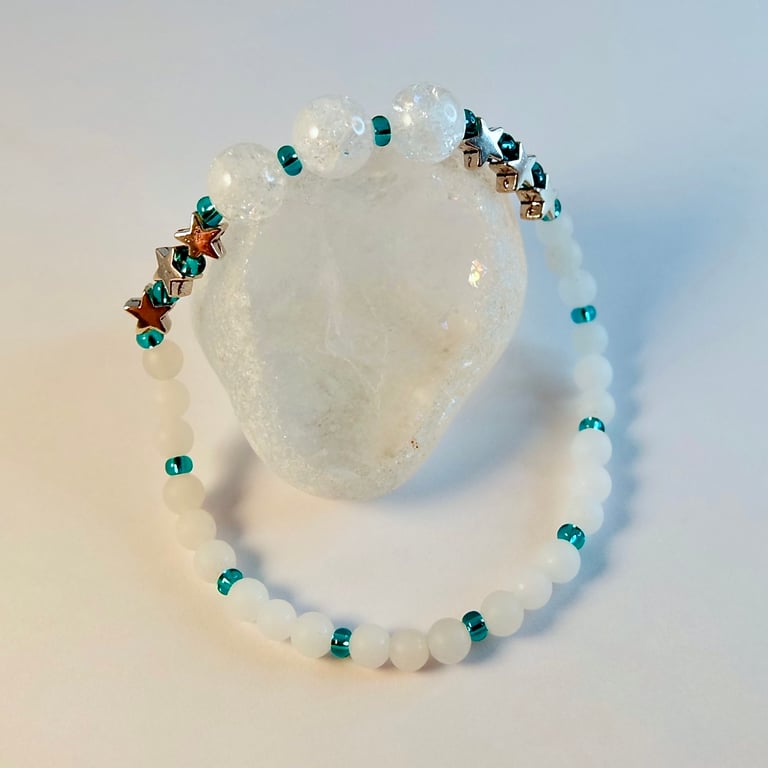 Crackle Quartz Bracelet With Silver Stars - Birthday, Anniversary, Gifts For Her