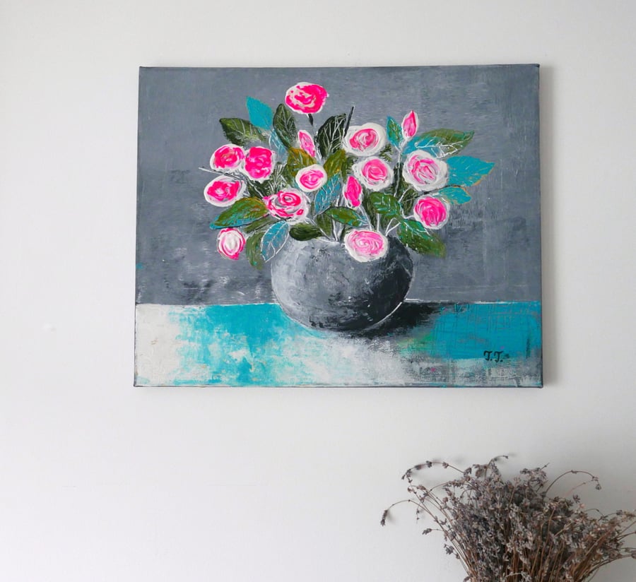 Pink Splendour, Original Rose Painting, Still-Life Artwork, Contemporary Art