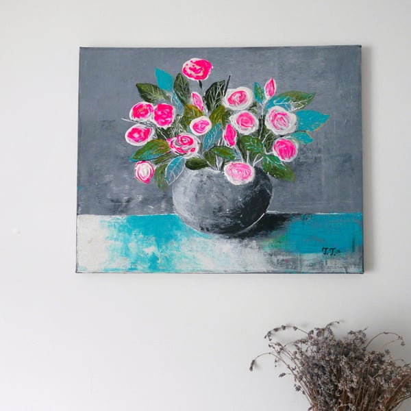 Pink Splendour, Original Rose Painting, Still-Life Artwork, Contemporary Art