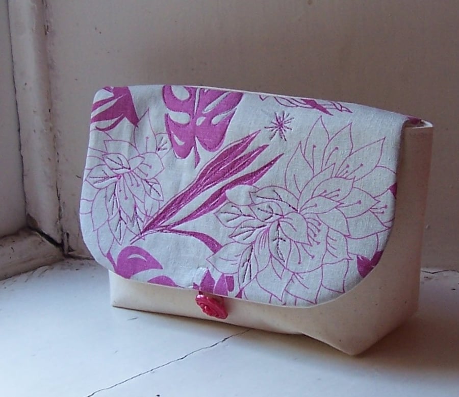 Soft linen machine embroidered clutch bag in cream and pink - Java