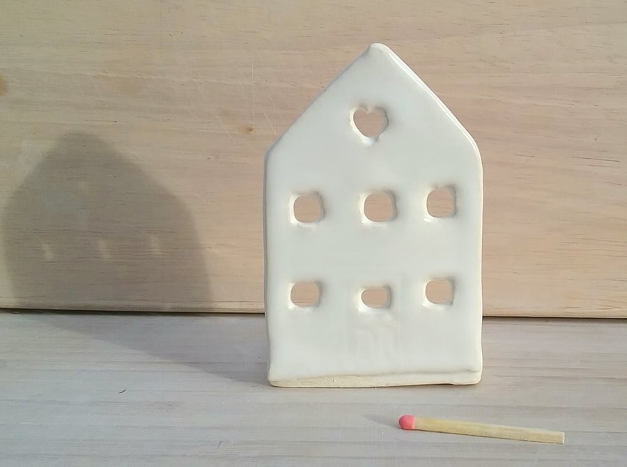 Handmade ceramic house tealights candle holder with white glaze valentines gift