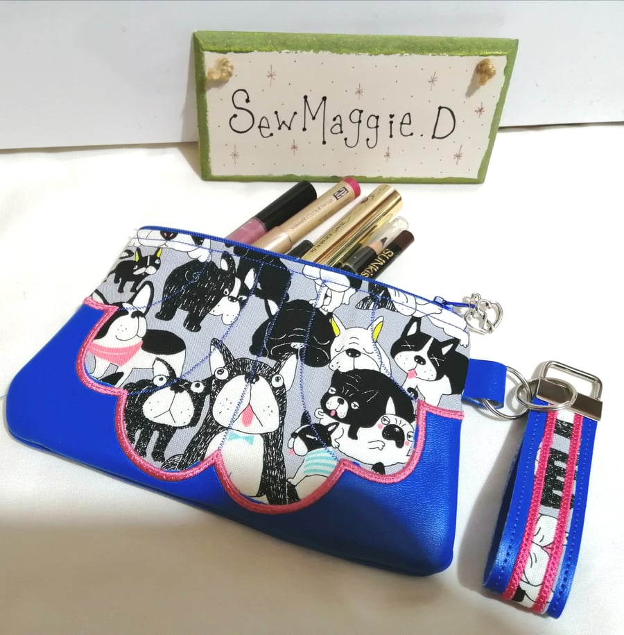 PUG FABRIC AND BLUE FAUX LEATHER BAG WITH MATCHING KEYFOB