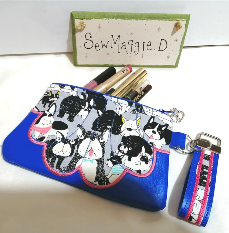 PUG FABRIC AND BLUE FAUX LEATHER BAG WITH MATCHING KEYFOB