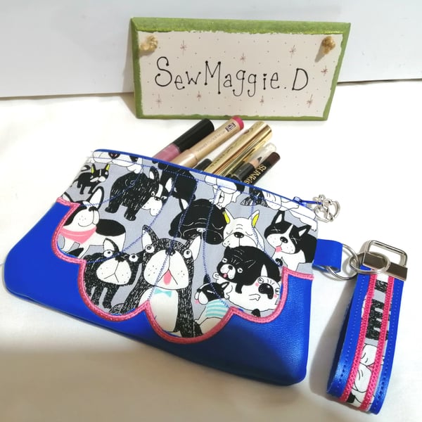 PUG FABRIC AND BLUE FAUX LEATHER BAG WITH MATCHING KEYFOB