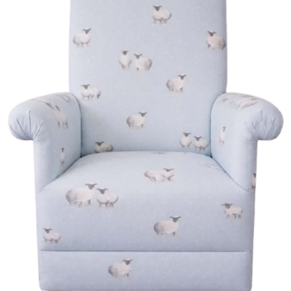 Fryetts Sheepy Blue Fabric Chair Nursery Armchair Lambs Farmyard Small Nursing