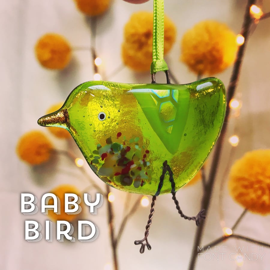 Green fused glass BABY bird