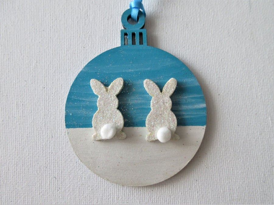Hanging Decoration Christmas Tree Bauble Bunny Rabbit Blue White Snow Scene